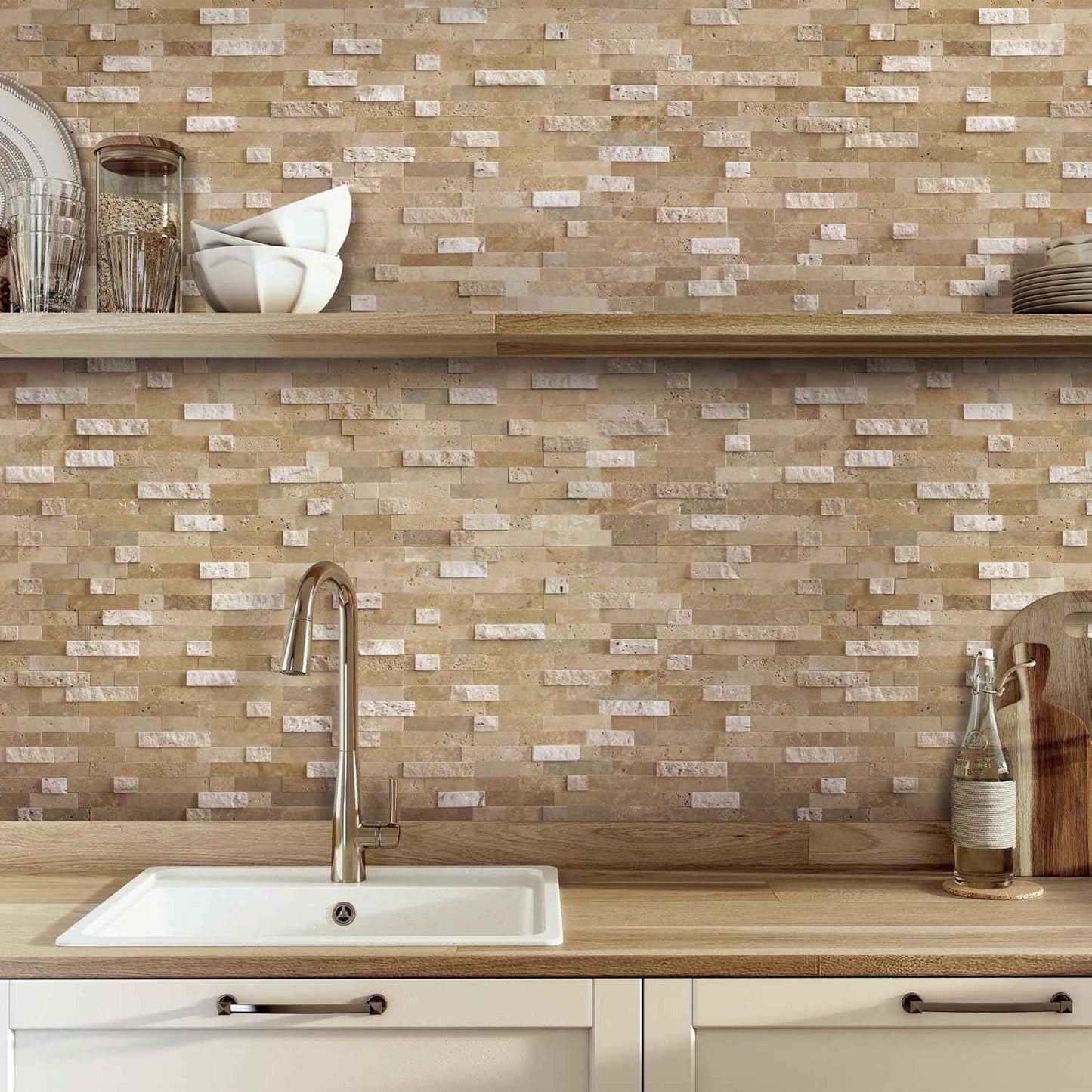 Peel and Stick 3D Stone Mosaic Tiles - 12x11" Self-Adhesive Backsplash for Kitchen & Bathroom - 5 Sheets, Mixed Tan