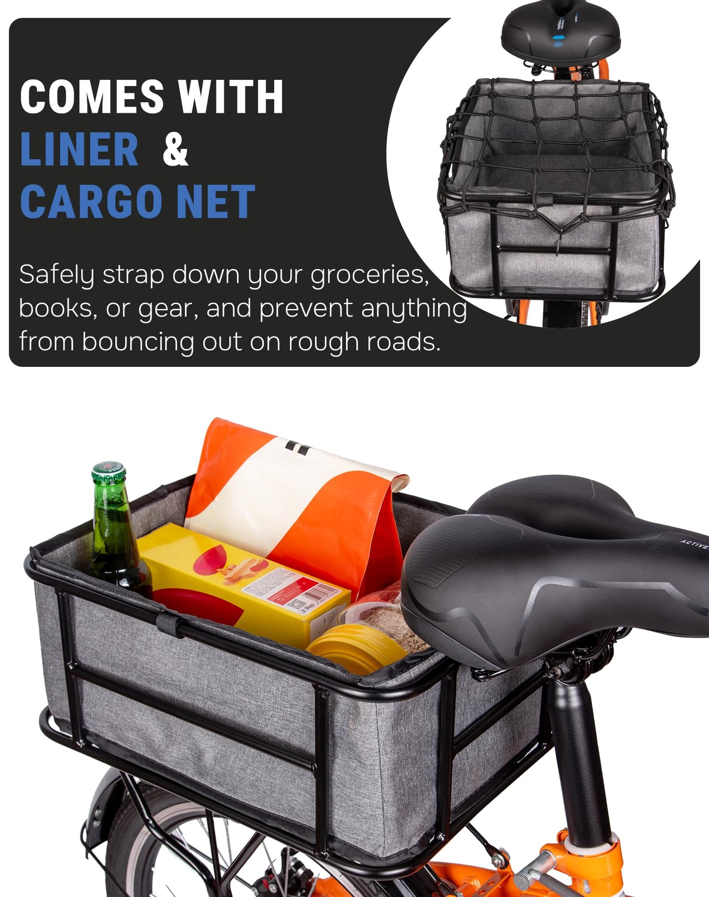 RoakyRoasy Lightweight Bike Rear Basket for Adults with Net and Liner, Steel Frame Bicycle Cargo Carrier Back Rack Mounted 20L Large Capacity, Light Yet Durable