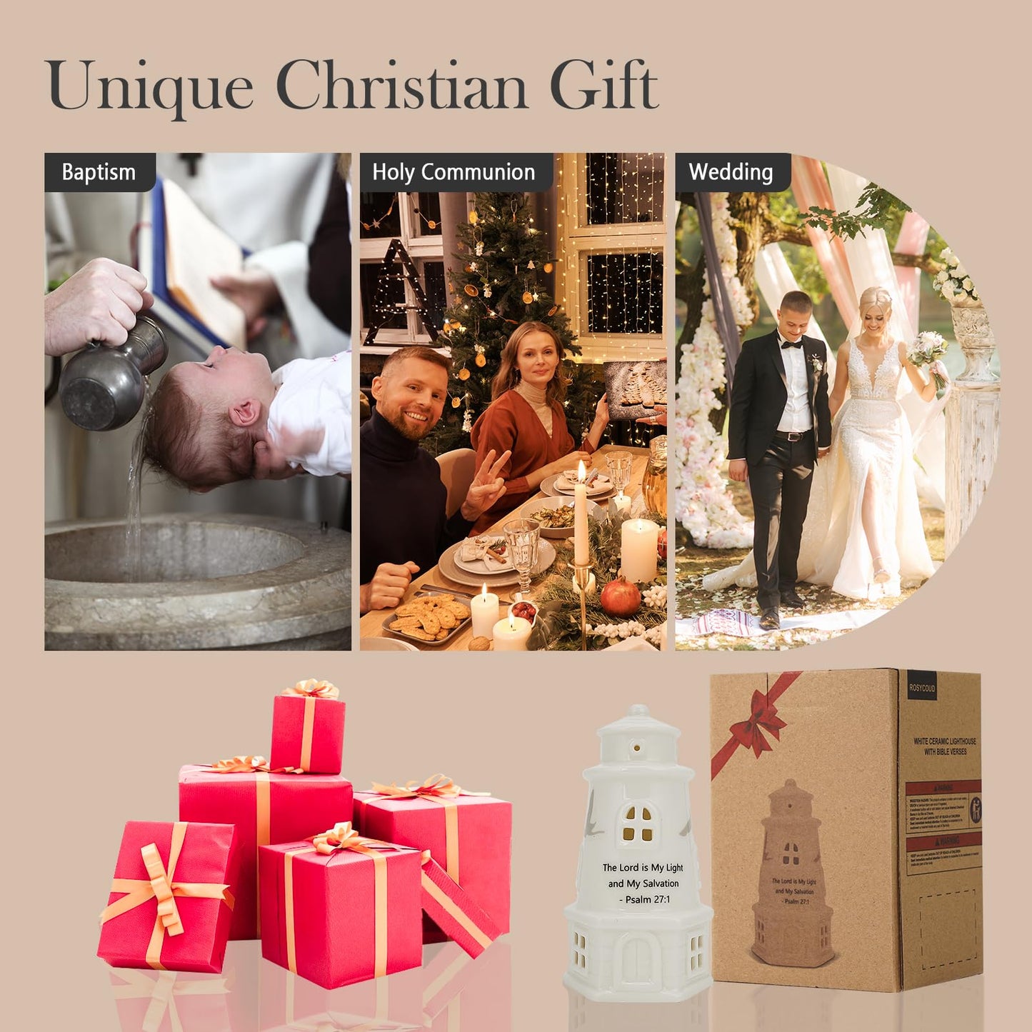 ROSYCOUD White Ceramic Lighthouse with Bible Verses - Psalm 27:1 Christian Light House Decor Statue Lamp, Faith Based Baptism Encouragement Spiritual Religious Gifts for Women