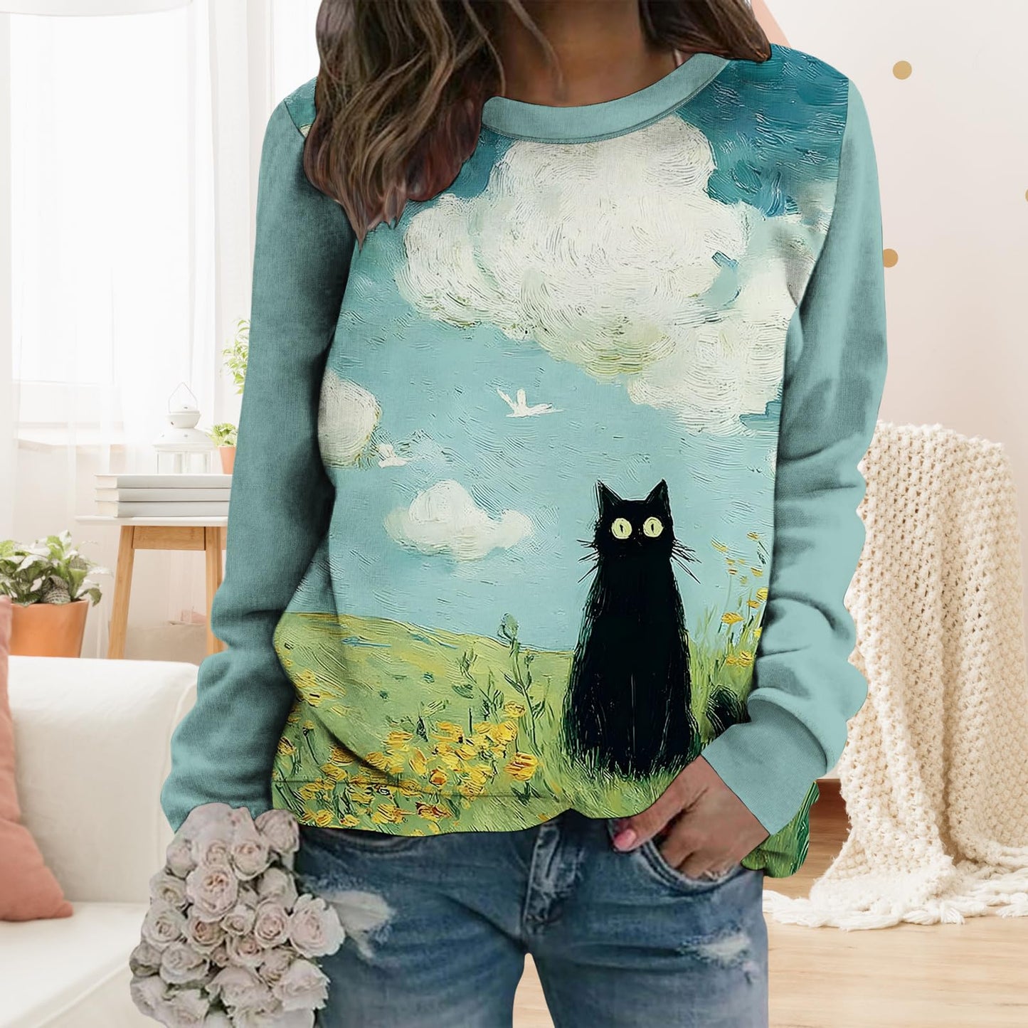 LOAIHA Women's Long Sleeve Sweatshirt With White Cat And Floral Print Navy Crewneck Pullover Vintage Japanese Style Loose Fit Soft Terry Cloth Top For Cat Enthusiasts