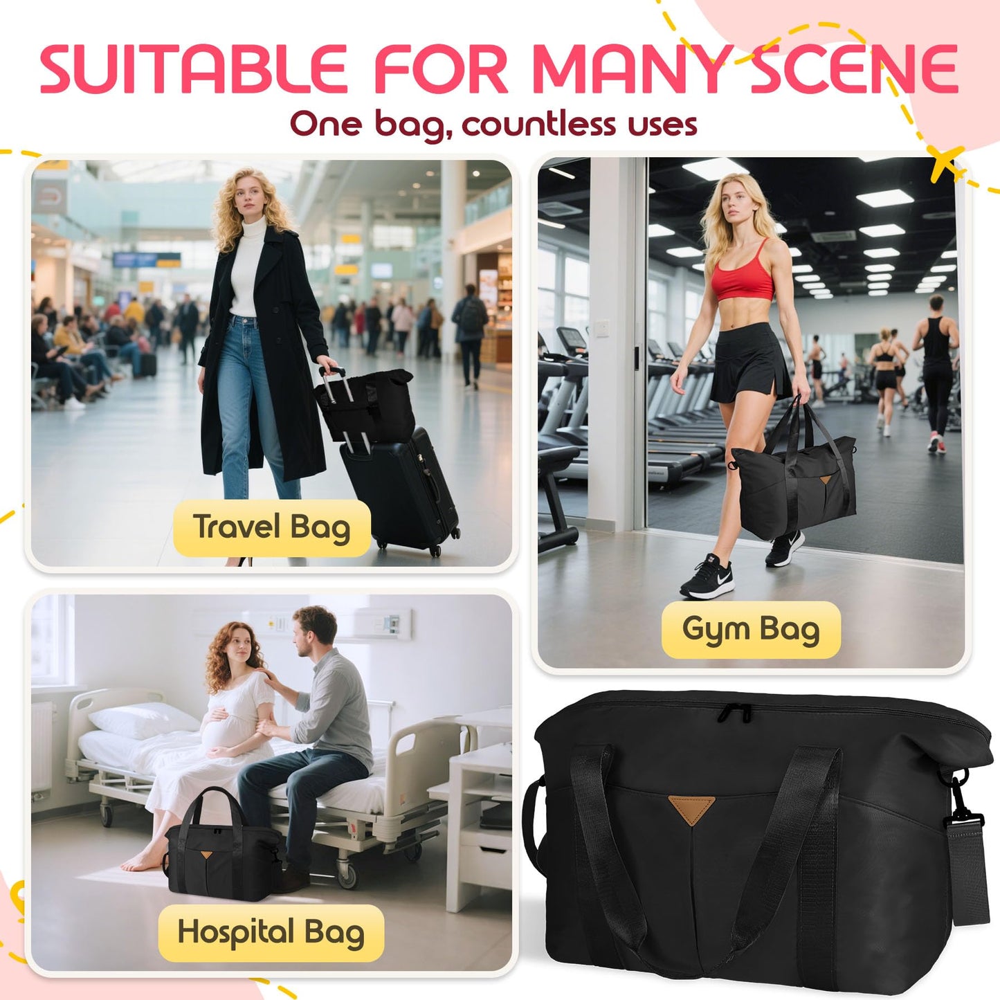 Magimack Duffle Bag for Travel, Carry-on Travel Bag with Trolley Sleeve, Sport Gym Bag for Women, Overnight Bag for Men, Hospital Bag for Labor and Delivery (Black)