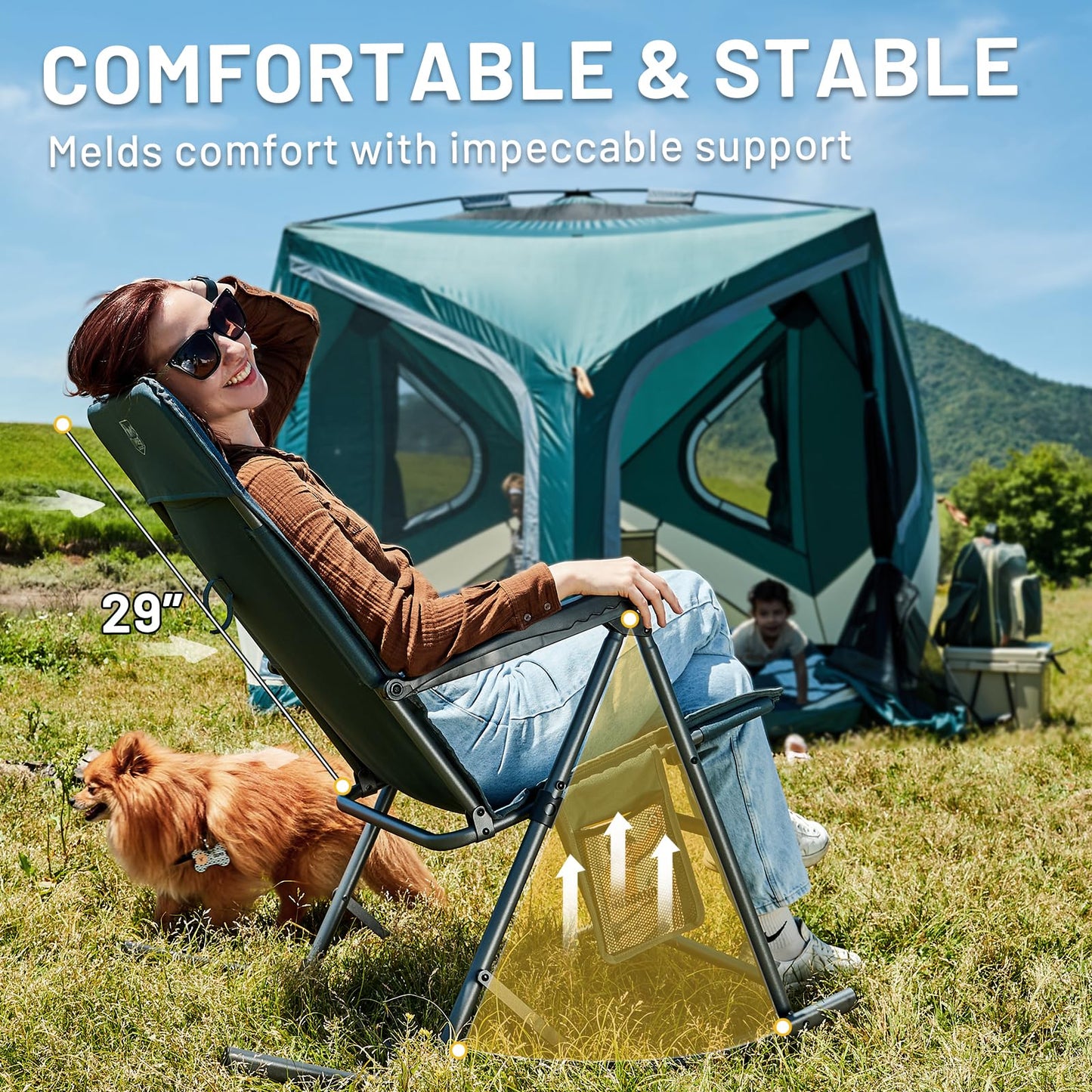 Timber Ridge 3-Level Adjustable Rocking Camping Chair, Ergonomic Padded High Back, Supports 300 LBS, Stable Anti-Tip Rocker, Hard Armrests for Easy Standing, Portable for Patio, Lawn & Tailgating
