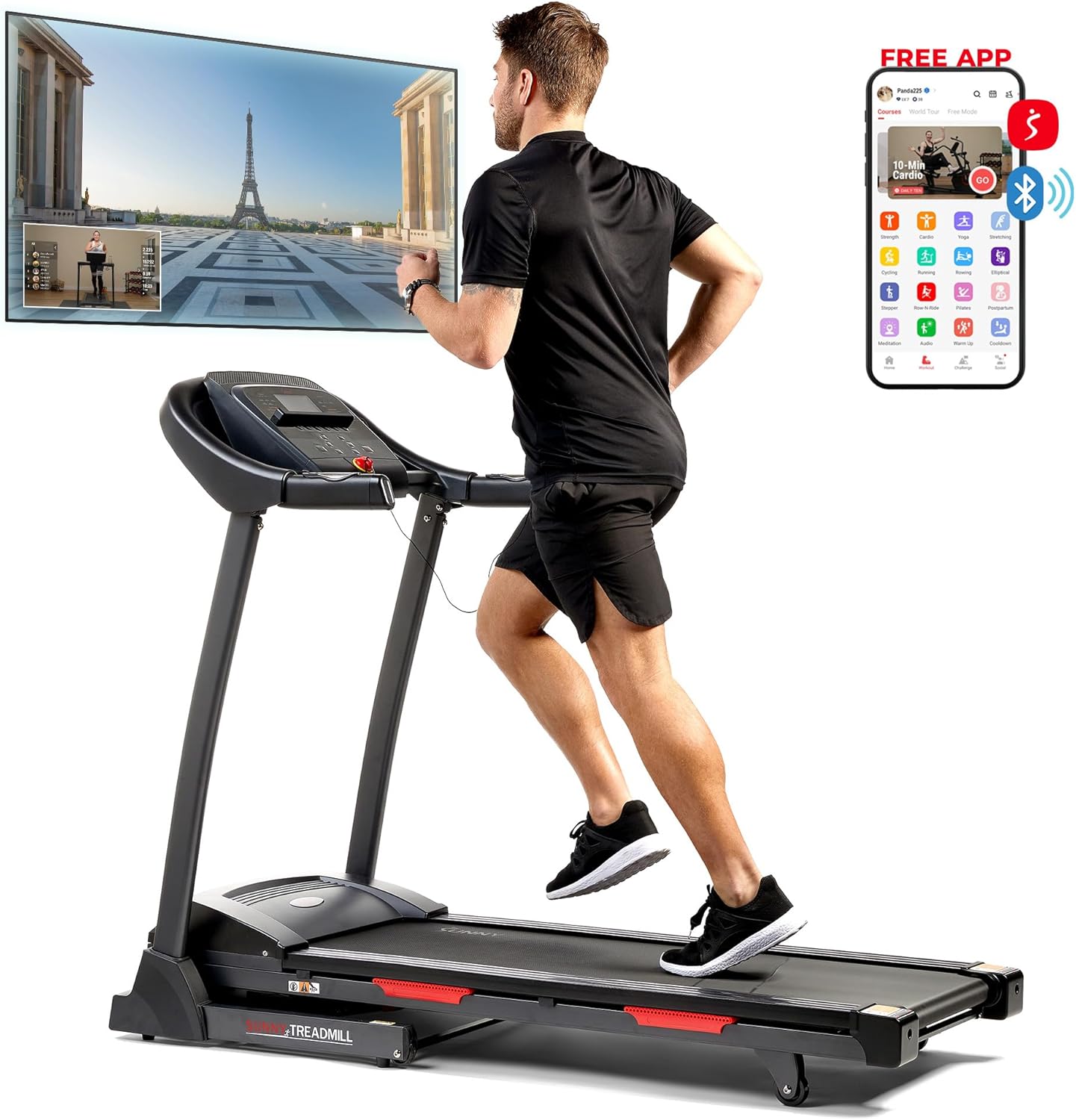 Sunny Health & Fitness Folding Treadmill - Smart Performance with Adjustable Incline & Free App