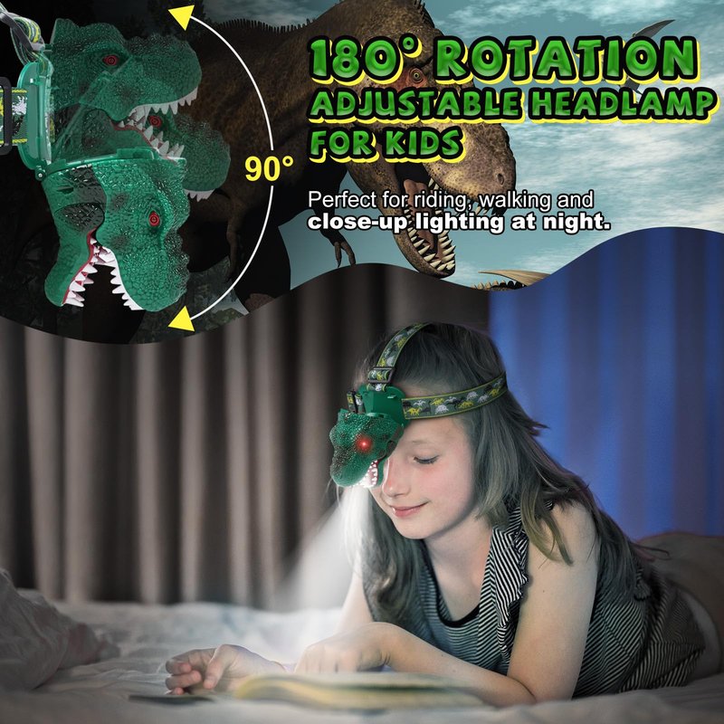 Nitigo Dinosaur Headlamp for Kids Flashlight Rechargeable Led Dino Head Lamp Roar & Silent Mode, T-Rex Dinosaur Toys for Kids 3 4 5 6 7 8, Camping Gear, Easter Gifts for Boys Girls Adults