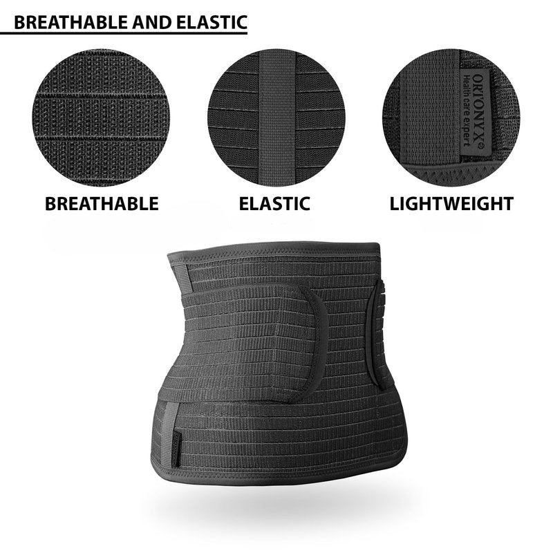 ORTONYX Ergonomic Abdominal Binder Waist and Lower Back Support Belt, Back Brace for Women & Men - Breathable, Elastic, With Extra Band - Black XXL