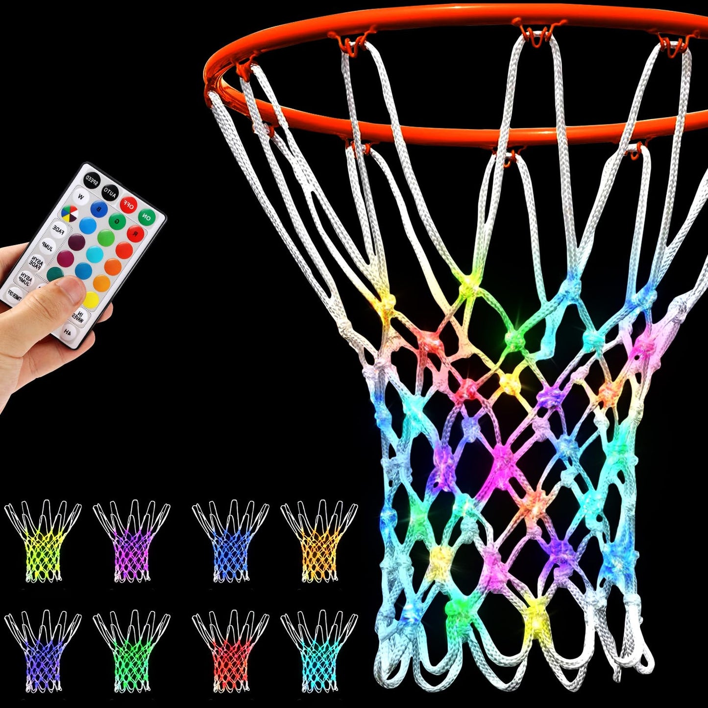 NewBEP Lighted Basketball Net - LED Replacement Basketball Nets, Change Colors with Remote, LED Basketball Net Light for Outdoor Indoor 10 Loops Rim