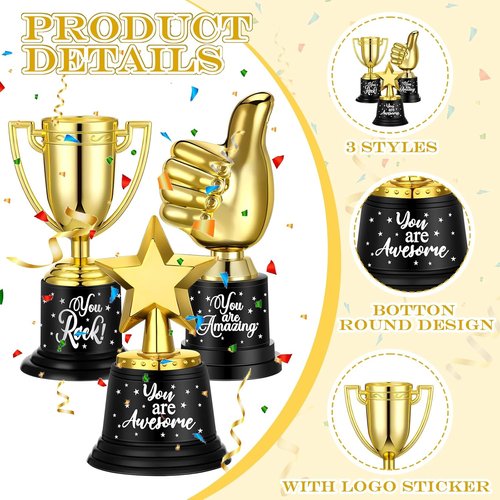 Lenwen Gold Trophy Awards - 36 Pack Mini Thumbs Up Cups for Classroom & Sports | Perfect Back to School Gifts