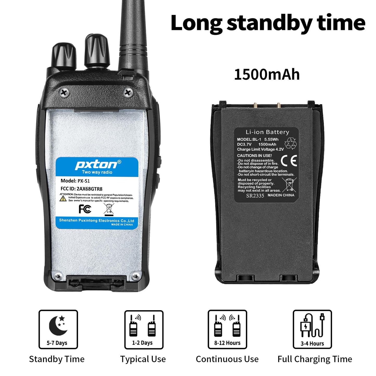 pxton S1 walkie talkies for Adults with earpieces and Rechargeable 1500mAh Li-ion Battery，walkie Talkie has VOX，TOT，Emergency Alarm，Battery Low Alert，Flashlight，Scan Function（2 Pack）