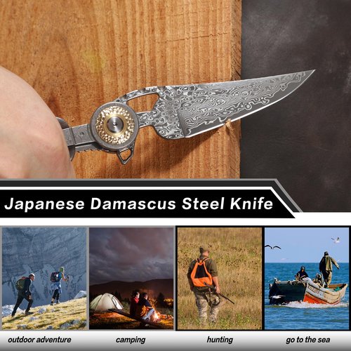 ALVELY Handmade Damascus Steel Folding Pocket Knife，Feather shape 3.4in Blade Men's Pocket Knife，With knife sheath，Ebony Handle，Home & Outdoor EDC knife