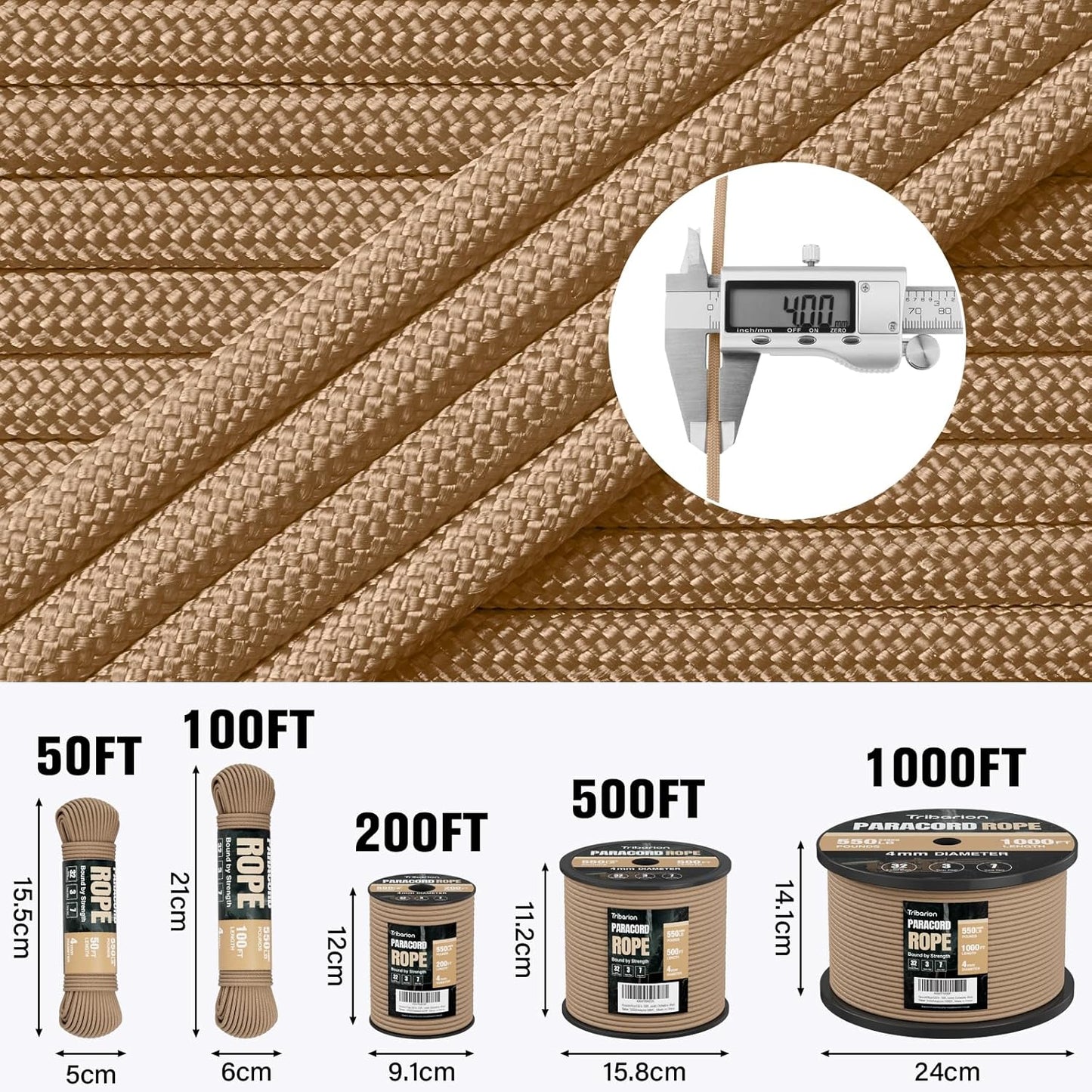 Paracord 550 lb | Heavy Duty 200ft Parachute Rope - Versatile Survival & Camping Gear - Khaki