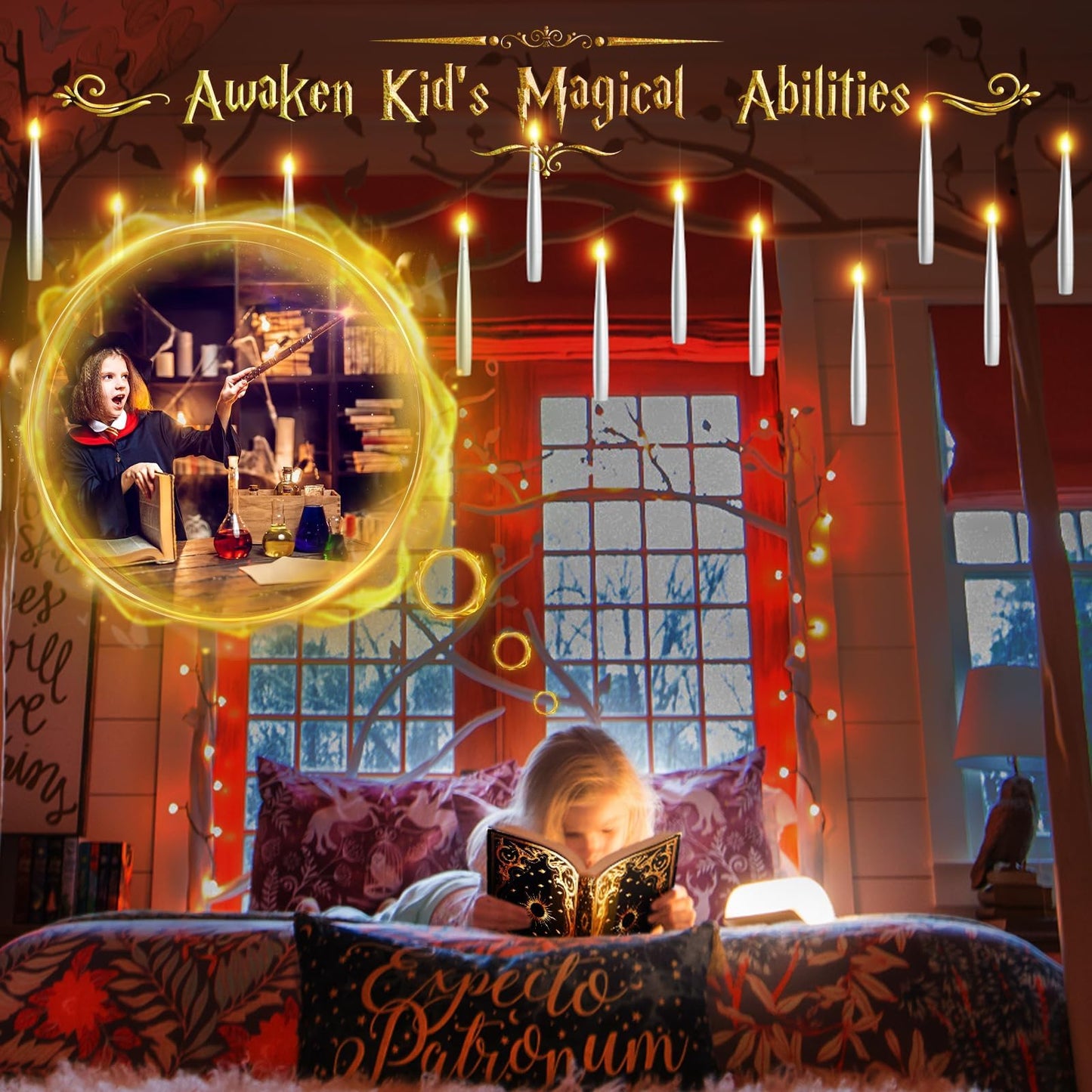 TLPUHU Floating Candles with Wand - 18 Pcs Halloween Decorations Magic Flameless Candles Flickering Warm Light Battery Operated LED Hanging Candles for Christmas Window Bedroom Birthday Party Decor