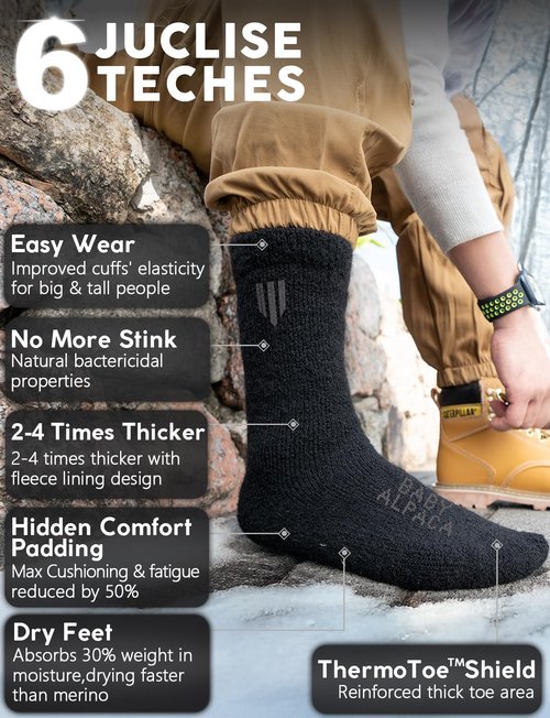 Juclise Men's Thermal Alpaca Crew Socks, Thick Winter Socks (US, Alpha, Large, Regular, Regular, Black)