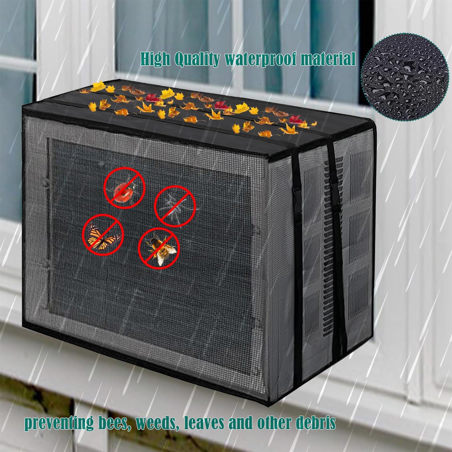 JFGLORIX Newest Design Mesh Window Air Conditioner Cover for Outside，Dust-Proof Waterproof Window AC Unit Cover， All Seasons AC Cover Protect Against Leaves,Weeds,and Debris(21.5Wx16Dx15H), BLACK