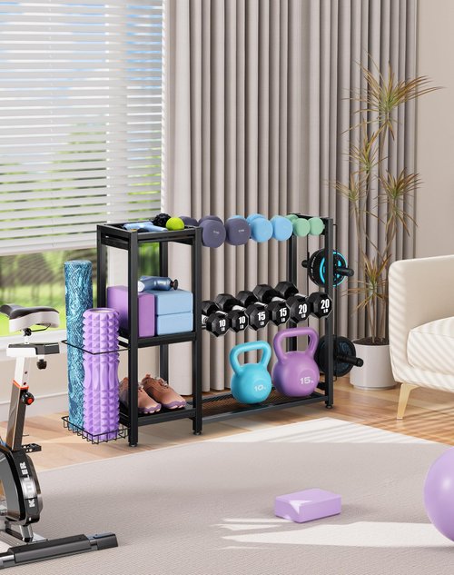 FHXZH 3-Tier Dumbbell Rack Stand Only - Adjustable Weight Rack for Home Gym, Heavy-Duty Weight Stand for Dumbbells Kettlebells Foam Roller Yoga Mats, Workout Equipment Storage Organizer With Hooks (Black)