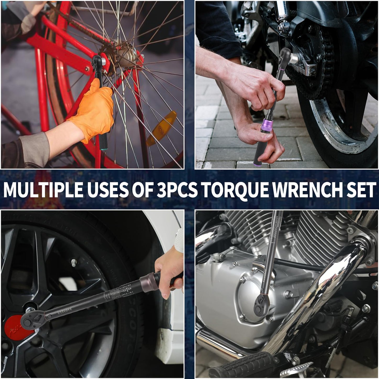 UYECOVE 1/4 3/8 1/2-inch Drive Click Torque Wrench, 4Pcs Torque Wrench Set 20-240 in.lb, 5-45 ft.lb, 20-160 ft.lb，with 1 Adapter，Adjustable Torque Wrench Set for Bike, Motorcycle, Car Maintenance