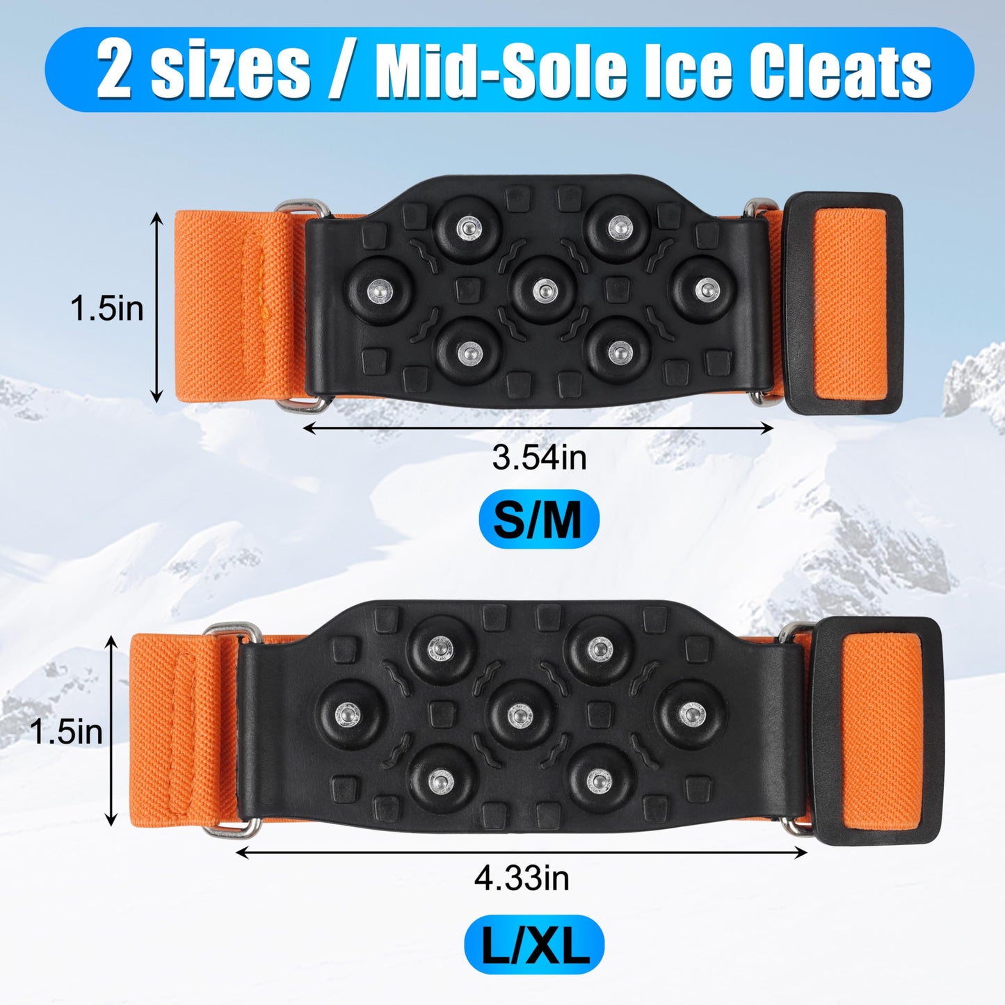 Ice Cleats Snow Traction Cleats for Walking on Snow and Ice Mid-Sole Non-Slip Crampons with Adjustable Straps 7 Tungsten Studs for Grippers Anti Slip Traction Cleats for Walking Jogging Hiking S-1pair