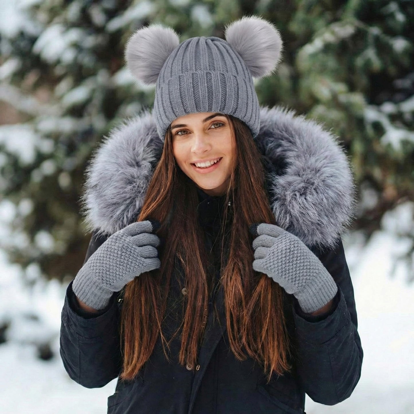 Hicarer 3 Sets Women Winter Warm Set Satin Lined Beanie Hat with Two Pom Poms Touchscreen Gloves for Cold Weather (Black, Gray, Oatmeal)