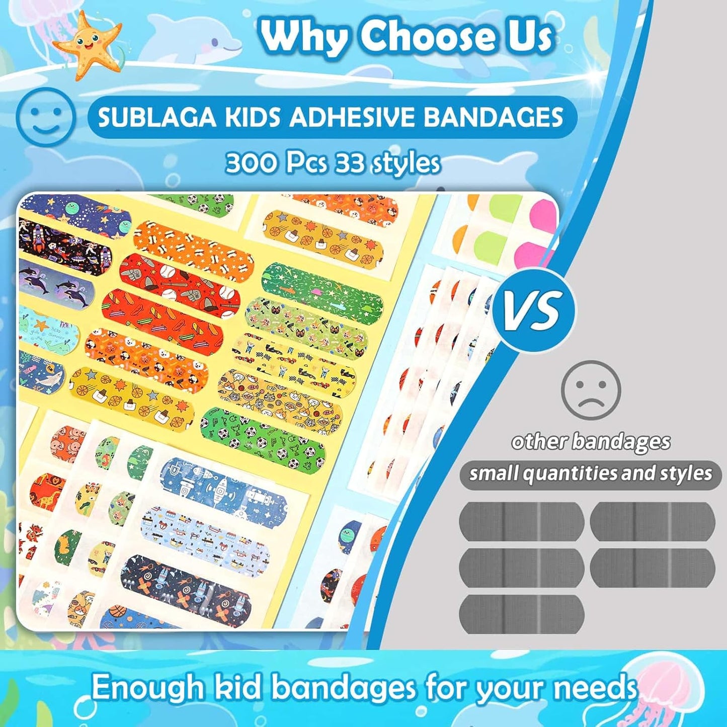 Sublaga Kids Cartoon Bandages - 300 Pcs Waterproof Adhesive Bandages for Scrapes & Cuts | Colorful & Flexible