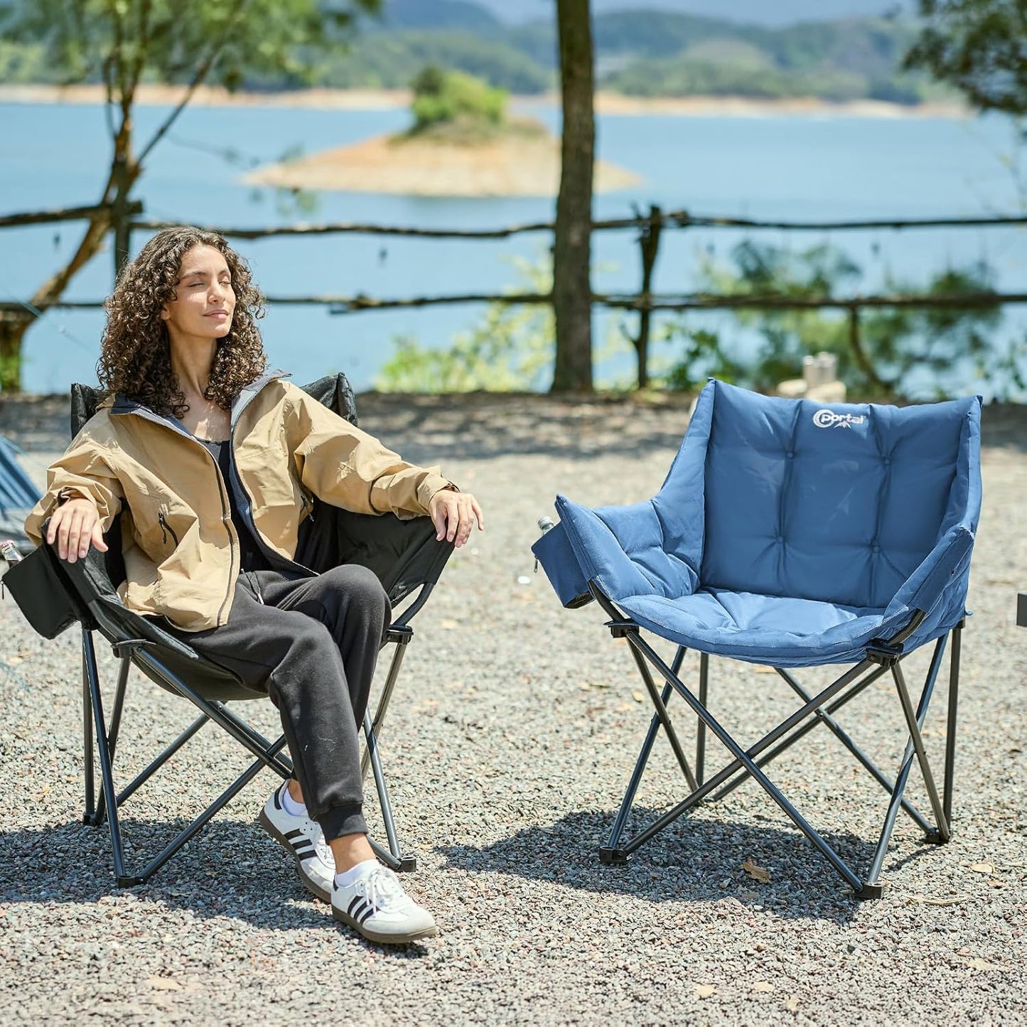 Portal Oversized Padded Camping Chair - Heavy-Duty Folding Design with Cup Holder & Side Pocket, Supports 350 lbs | Blue