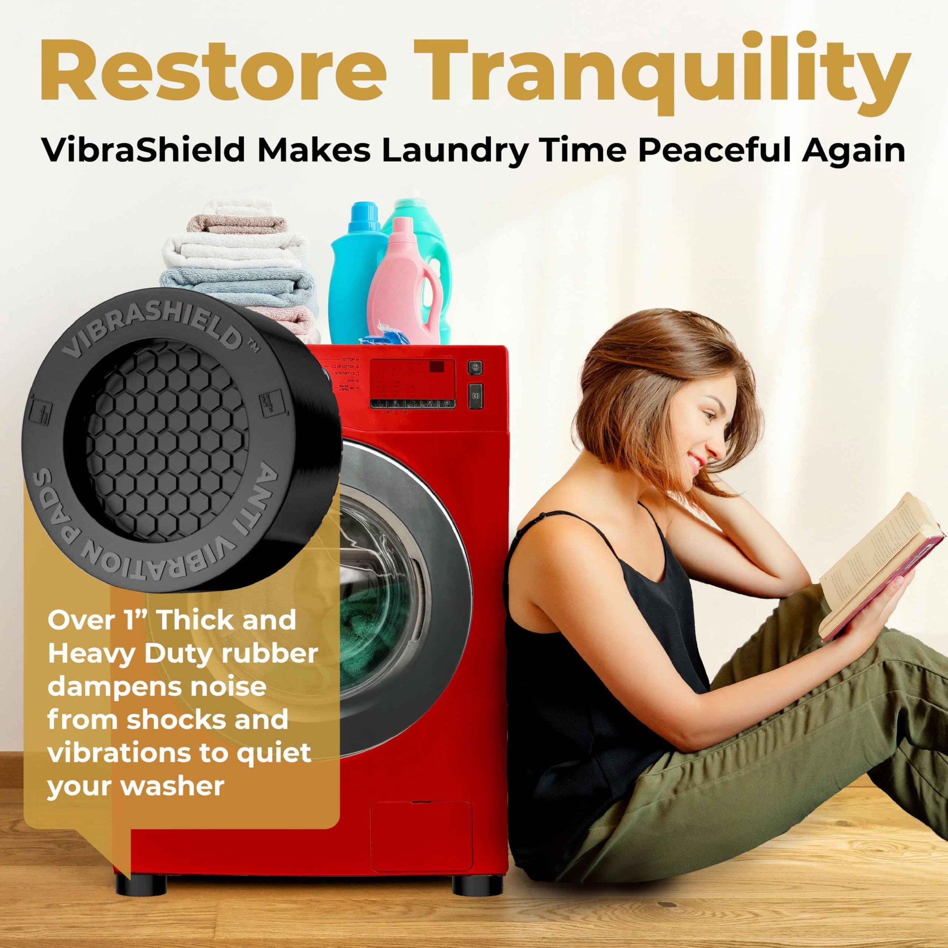 Anti Vibration Pads for Washing Machine with HexaGrip - Stops Washer Dryer Moving, Walking - Prevents Noise, Vibration Transfer - Rubber Antivibration Stabilizer Support Feet Mat - VIBRASHIELD 4 Pack