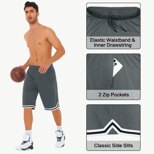 JWM Mens 11" Gym Basketball Shorts with Zipper Pockets - Long Quick Dry Lightweight Mesh Athletic Shorts for Workout Running Dark Grey