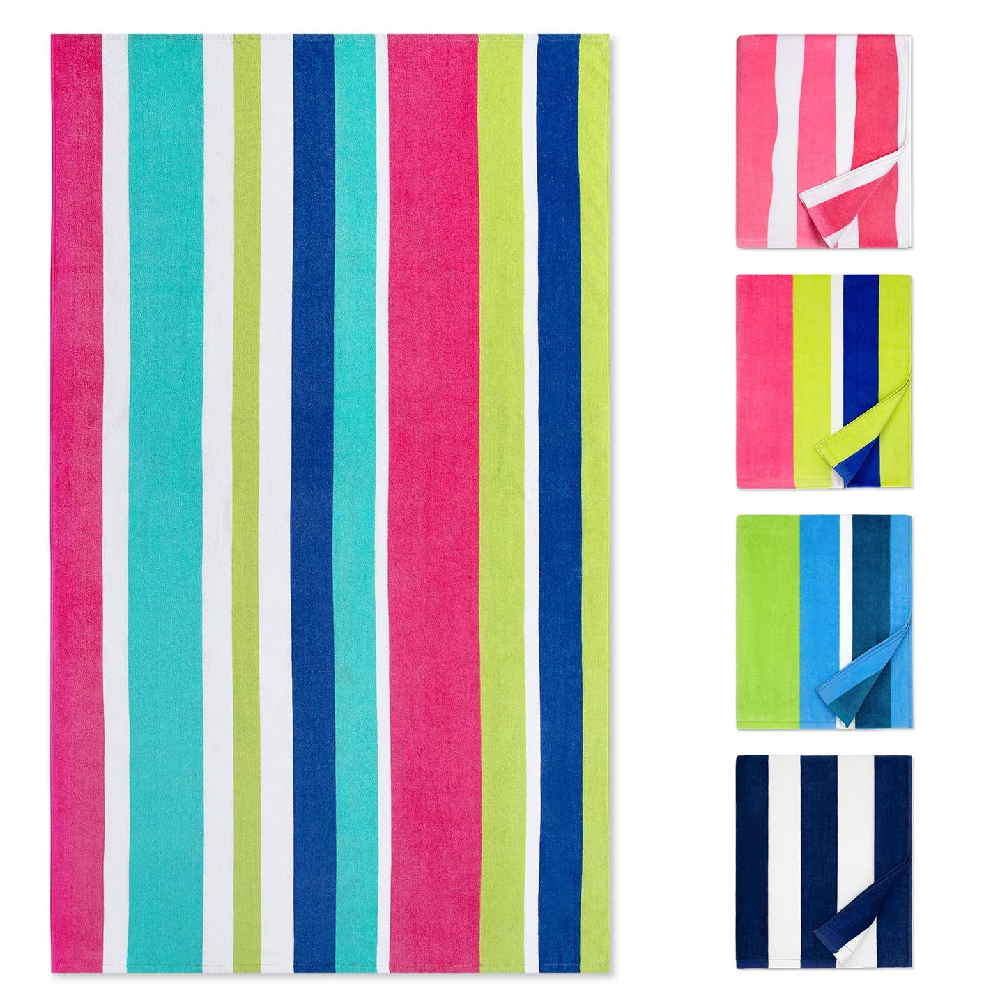 cabanana Large Beach Towel Oversized - Cotton Velour 35 x 70 Inch Rainbow Striped Terry Pool Towel, Cabana Soft Swimming Towel for Adults Women Men (Rainbow Pink)