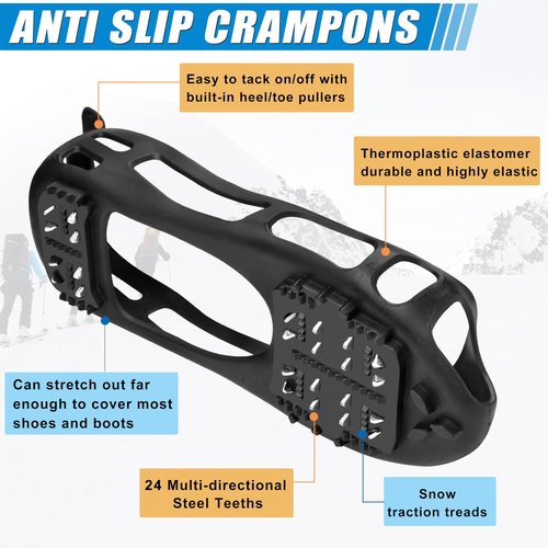 FUSIGO Ice Cleats for Shoes & Boots Snow Traction Crampons, 24 Stainless Steel Teeth, Non-Slip Walk Traction Cleats, Women Men Kids Hiking Walking Fishing Strap M, Black, Modern Style