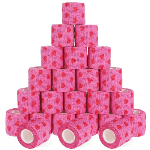 24 Pack Self Adhesive Vet Wrap & Medical Tape, 2 Inch x 5 Yards Cohesive Bandage Wrap - Pink Heart Grip Tape for Ankle, Wrist Sprains, Sports, Pet First Aid