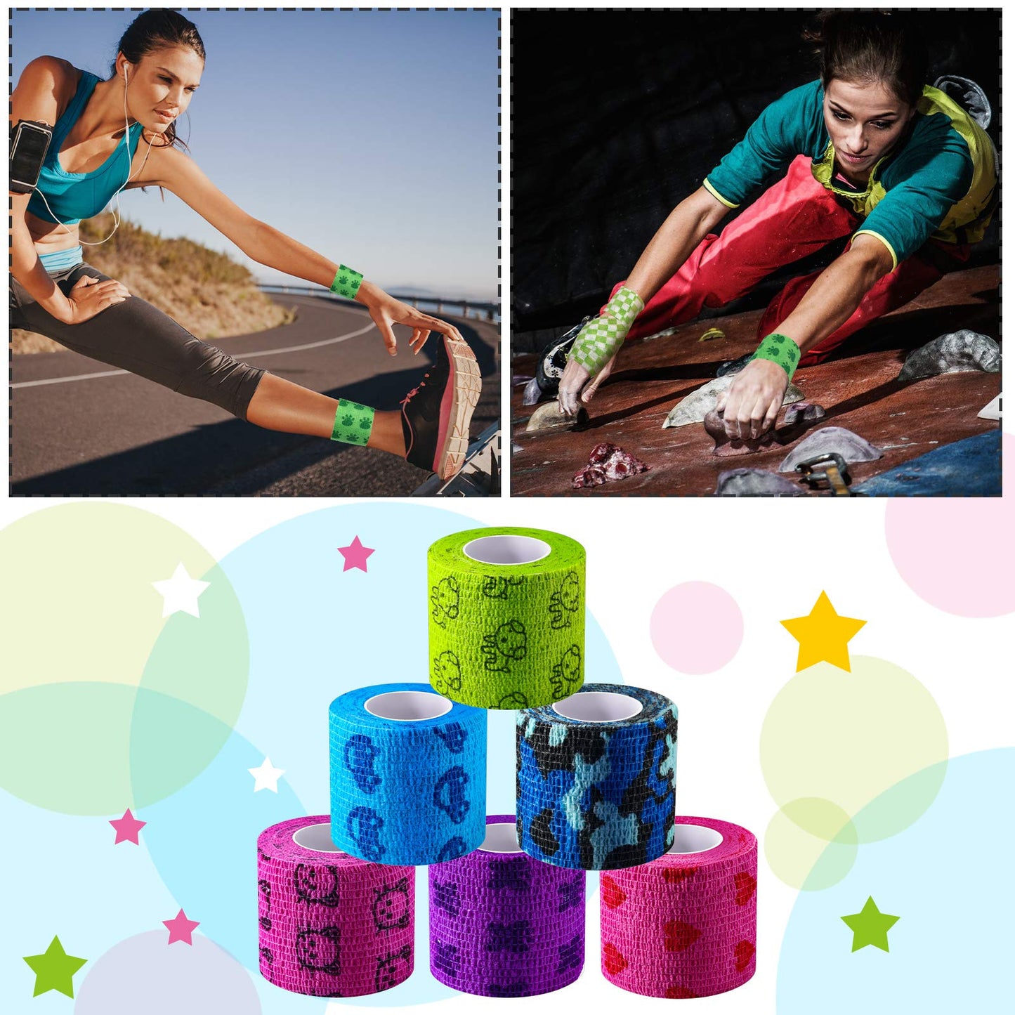 12 Pieces 2 Inch Self Adhesive Bandage Vet Non Woven Elastic Cohesive Bandage Tattoo Supplies Grip Tape Athletic Tape Gauze Wrap for Sports, Wrist, Ankle and Pet Wrap (Animal and Camouflage)