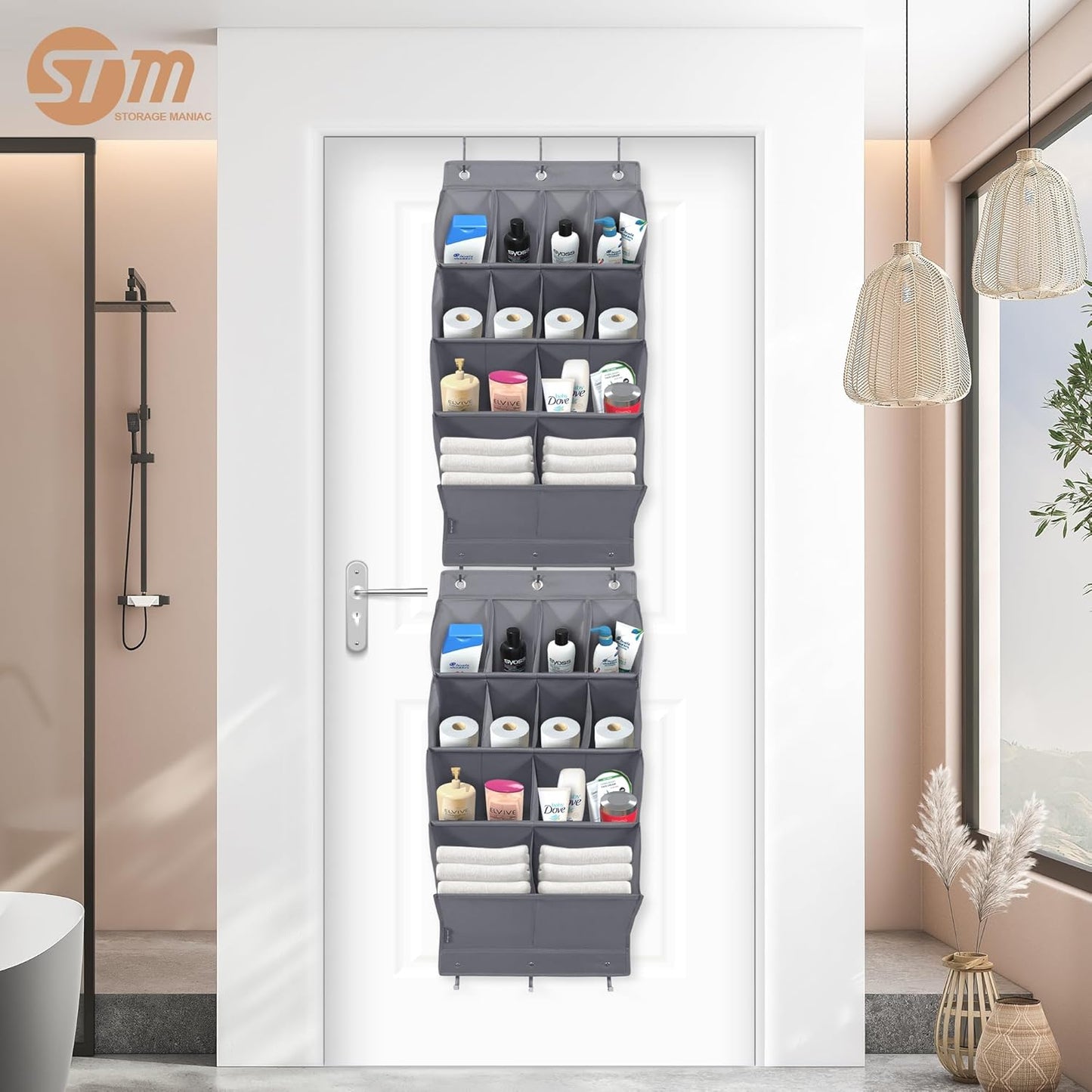 Storage Maniac Over Door Shoe Organizers - 2 Pack with 12 Large Pockets for Efficient Closet Storage | Grey
