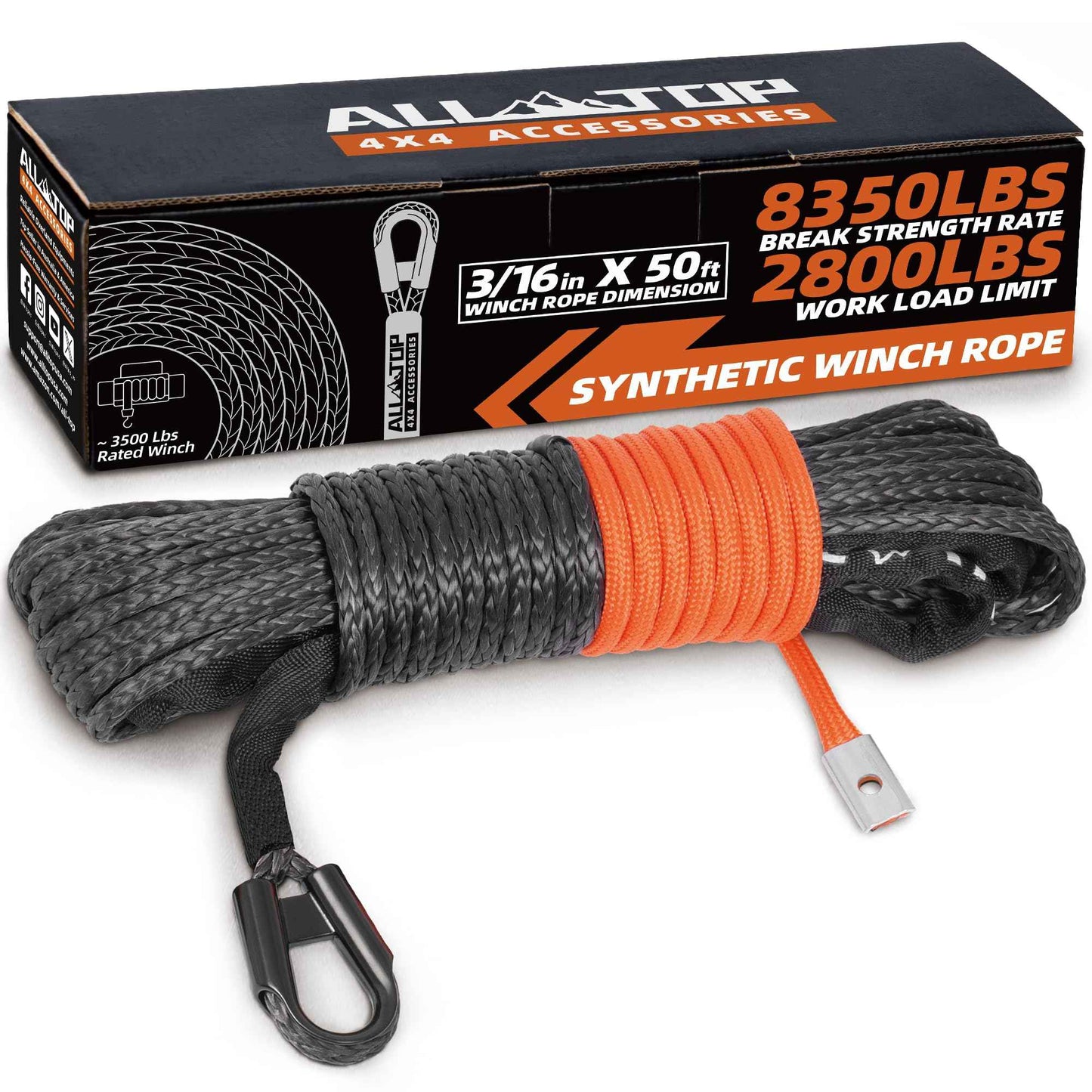 ALL-TOP Synthetic Winch Rope Cable, 3/16" x50ft, 8350LBS Winch Replace Line with Protective Sleeve for Offroad Vehicle ATV UTV