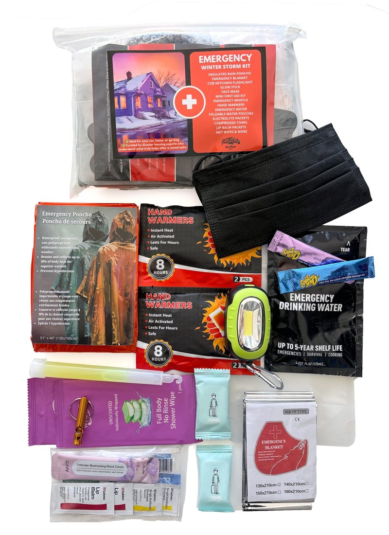 Qu River Prep Emergency Kit - Winter Storm & Ice Storm Survival Kit, Power Outage Preparedness with 15 Essential Items, COB Light, Rain Poncho, Blanket, Emergency Water & First Aid