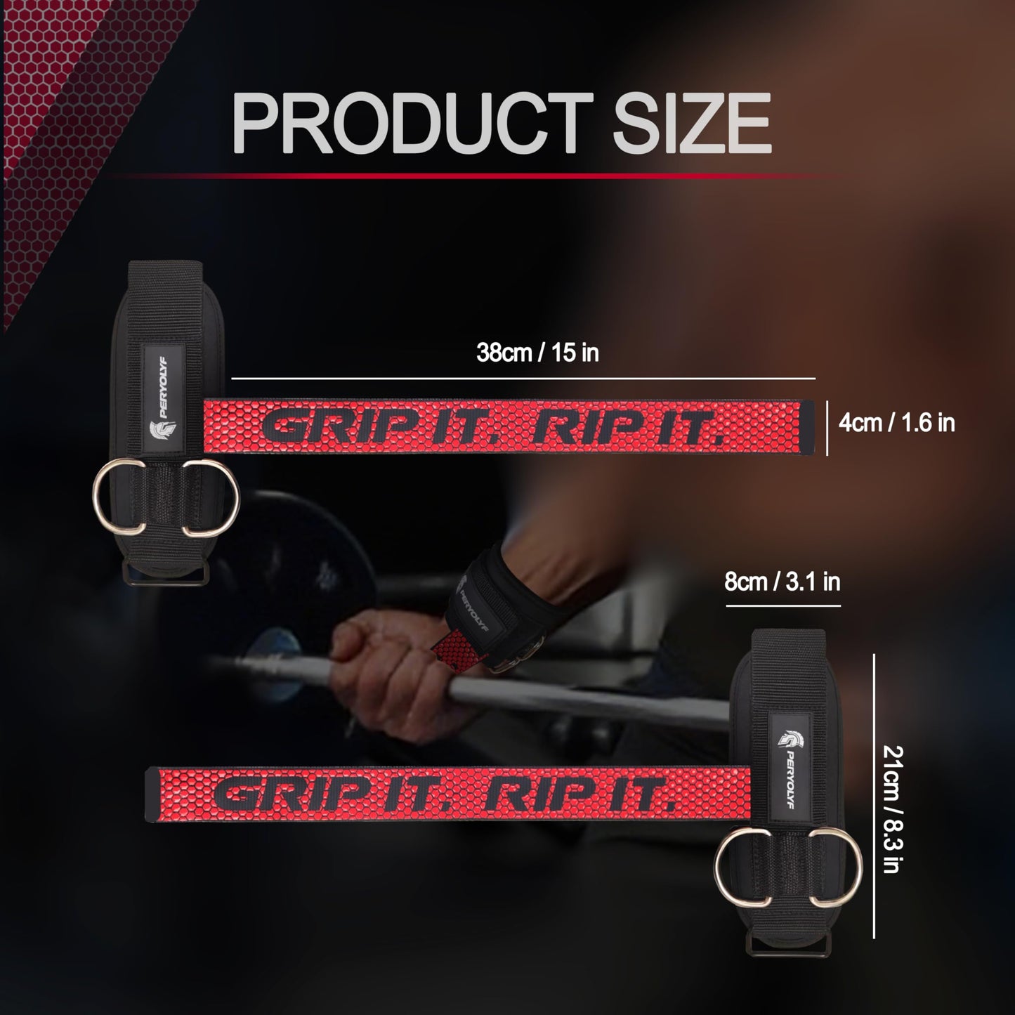 Double-Side Anti-Slip PERYOLYF Lifting Straps with D Ring - Adjustable Gym Straps for Deadlifts, Weightlifting & Cable Machine - Thick Wrist Support for Men & Women (Red)