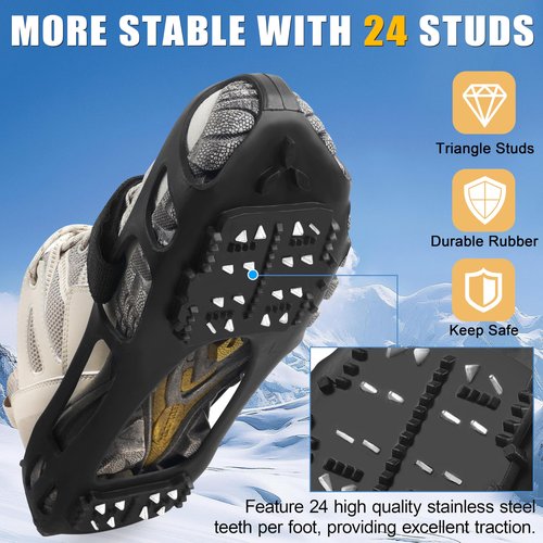 FUSIGO Ice Cleats for Shoes & Boots Snow Traction Crampons, 24 Stainless Steel Teeth, Non-Slip Walk Traction Cleats, Women Men Kids Hiking Walking Fishing Strap M, Black, Modern Style
