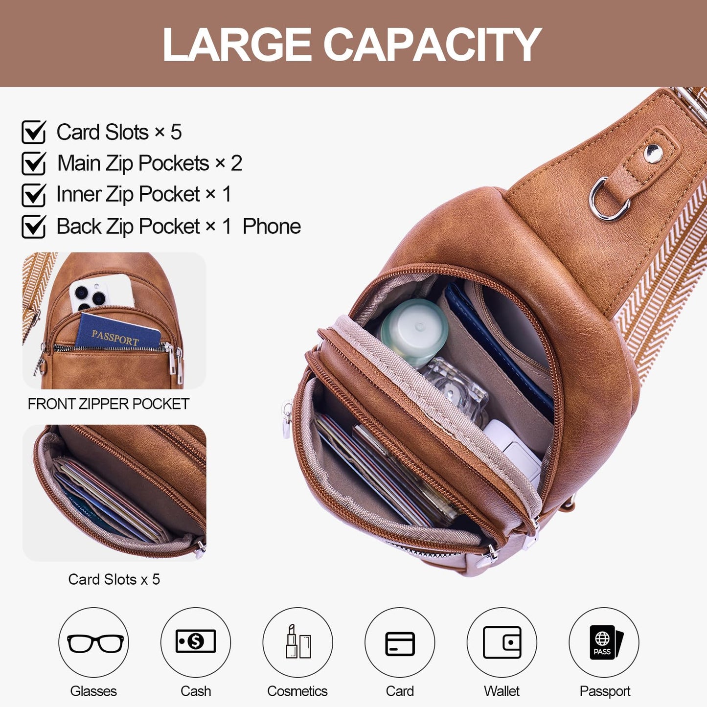 Lexiyat Anti Theft Crossbody Bags for Women Travel Chest Sling Bag Leather RFID Purse Fanny Pack Brown