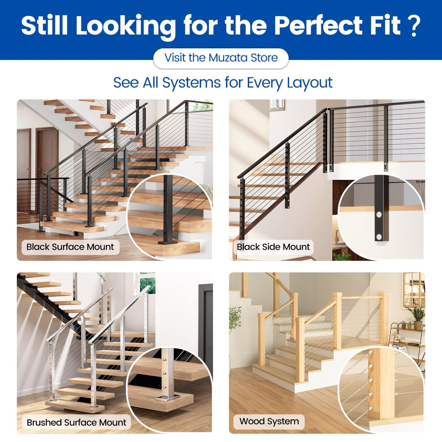 Muzata Cable Railing Post 42 Inch 42"x2"x2" Level Drilled Surface Mount Brushed T304 Stainless Steel Cable Railing System Kit Indoor Outdoor with Paper User Guide PS02 LH4L