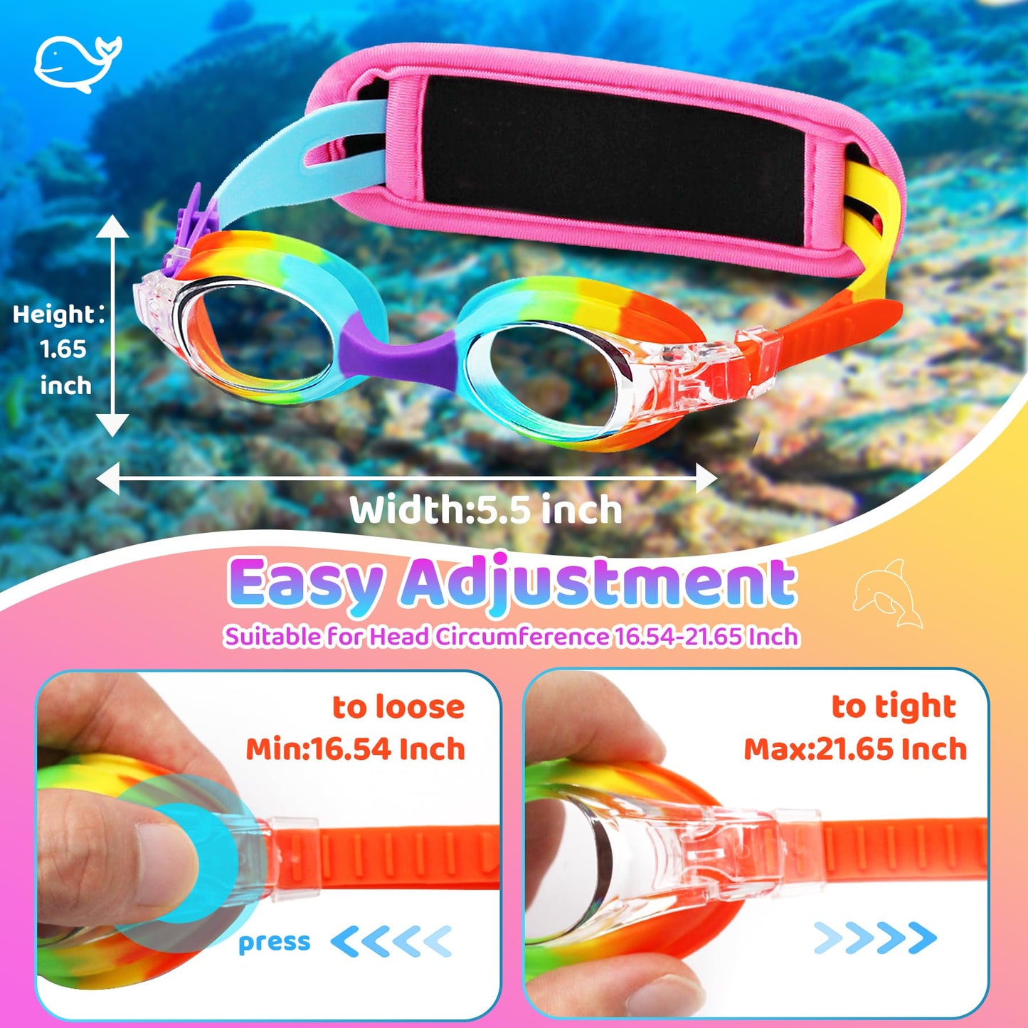 Vvinca Toddler Swim Goggles with Fabric Strap Cover, Rainbow Toddler Goggles 3-5 Year Old, Anti-Fog Clear View No Leak Girls Swimming Goggles No Tangle, Pain Free Water Pool Glasses