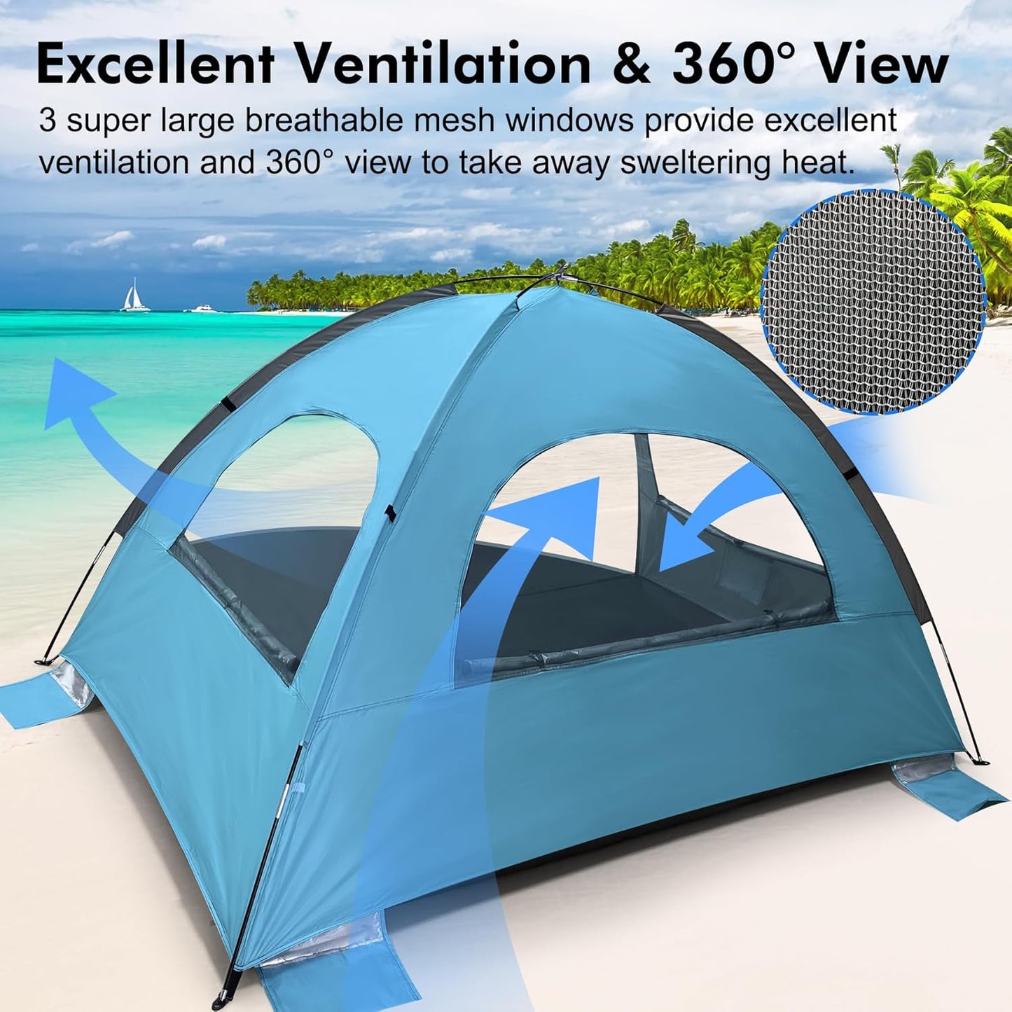 WhiteFang Beach Tent - Anti-UV Portable Sun Shade Shelter for Up to 8 People | Extendable Floor & 3 Mesh Windows