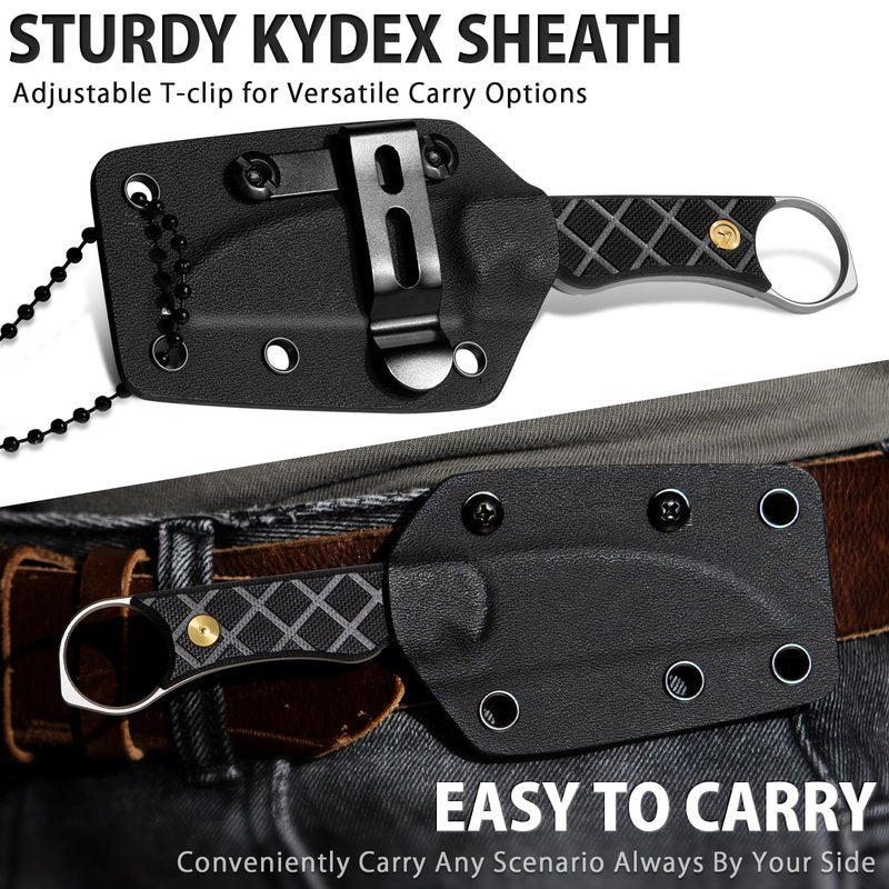 LOTHAR BEAVER Small Fixed Blade Knife, 2.58" 14C28N EDC Neck Knife with G10 Handle and Kydex Sheath, Necklace Horizontal Carry Knives with Adjustable Belt Clip, Survival Knives Gifts for Men Women