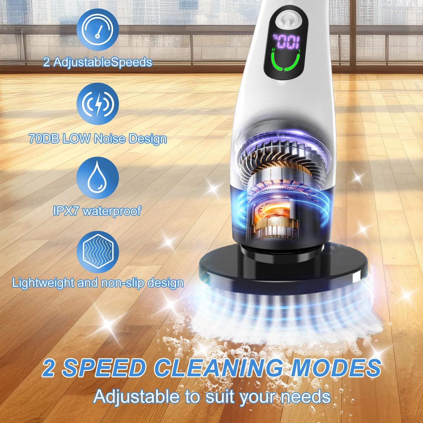 Electric Spin Scrubber with Power LCD Display, Cordless Bathroom Cleaning Brush with Adjustable Extension Handle, 400RPM/Mins, 9 Replaceable Brush Heads, IPX7 Waterproof for Shower, Bathtub, Tile