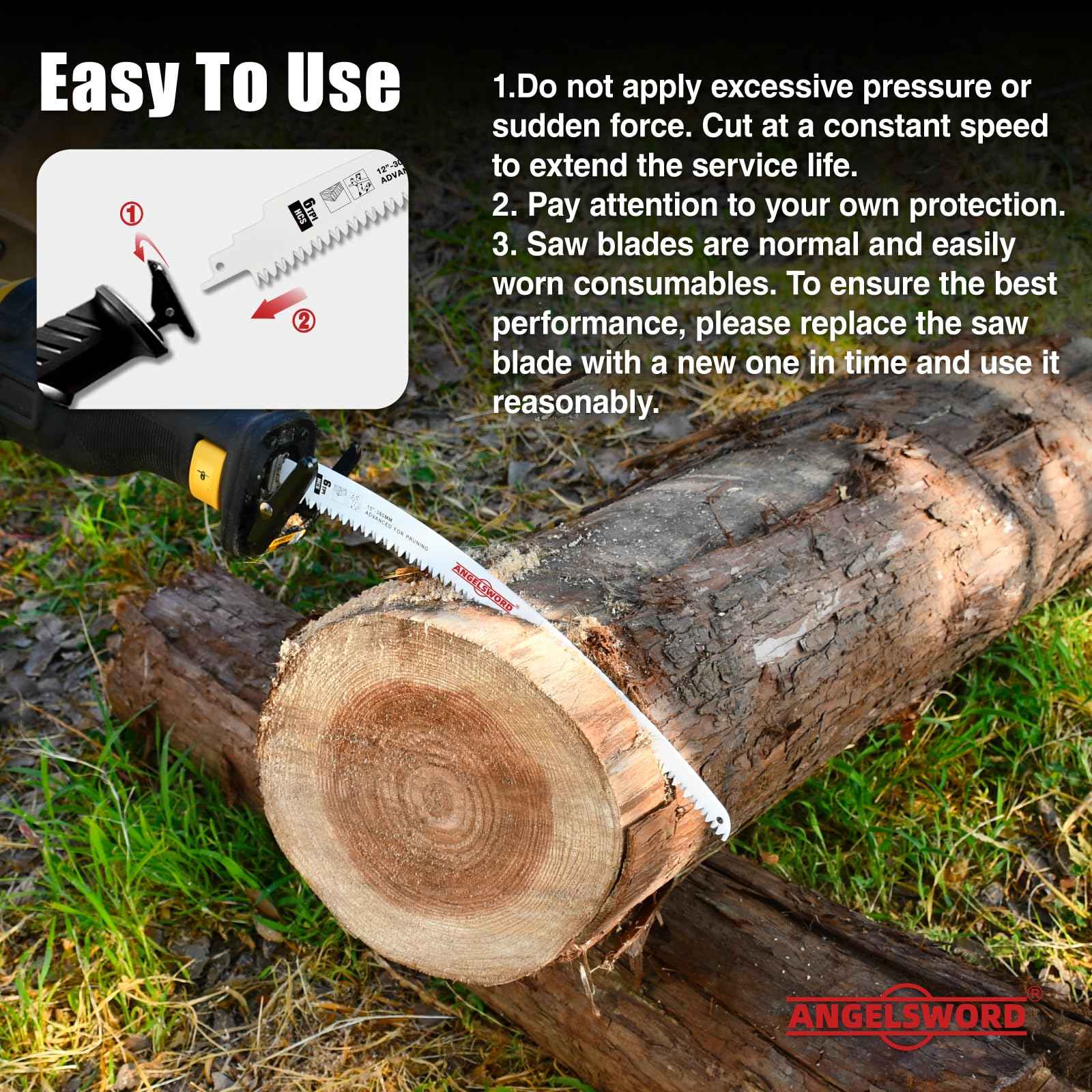 ANGELSWORD 15 Inch Arc Edge Reciprocating Saw Blade, 6TPI Wood Pruning Saw Blades for Tree Trimming, Wood Cutting, 3 Pack
