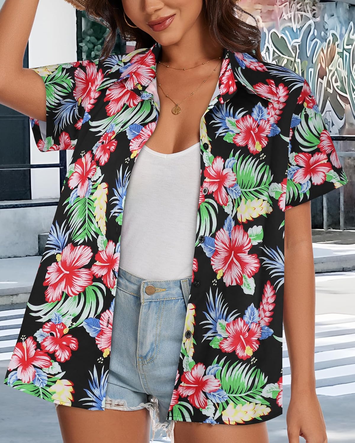 Skiennix Women’s Hawaiian Shirt - Cool Short Sleeve V-Neck Blouse for Summer Beach Outfits