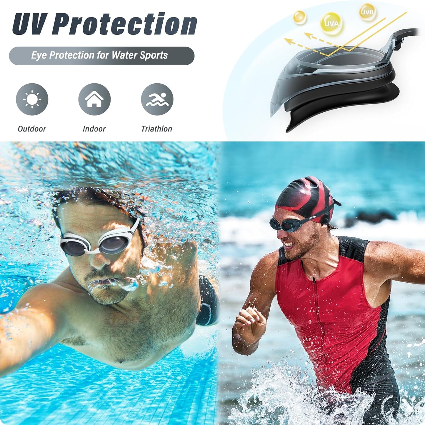 Seago Swimming Goggles - Anti-Fog & UV Protection | 2-Pack Silicone Swim Goggles for Adults