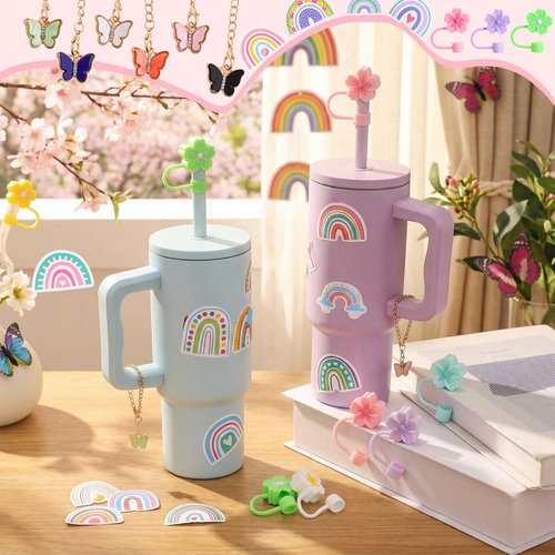 Reallnaive 124 Pcs Tumbler Cup Accessories Set Including: 100 Rainbow Stickers 12 Silicone Straw Caps 12 Butterfly Charms Suitable for Decorating Water Bottles with Handles