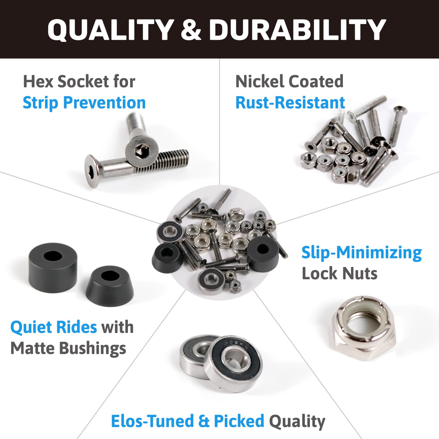 ELOS Skateboard Hardware Kit – DIY Skateboard Kit with Skateboard Truck Hardware, 608 Wheel Bearings, Bushings, Axle Nuts & Washers, Truck Kingpin Nut, Screws & Bolts, 42Pieces Skateboard Parts
