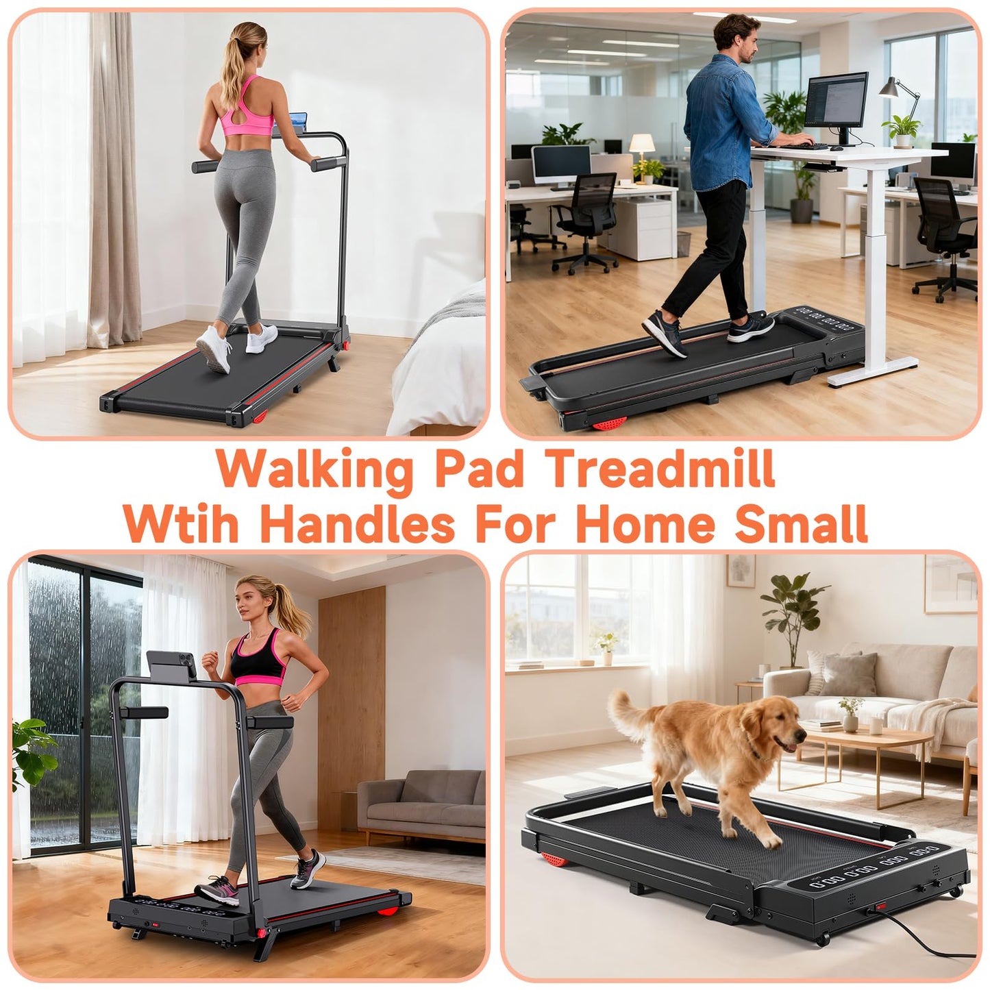 3-in-1 Walking Pad with Handle Bar, 9% Incline Portable Treadmills for Home Small Space,Under Desk Treadmill with 300lbs Capacity, Compact Designed with LED Screen Display,Remote Control