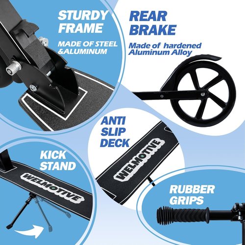 Kick Scooter - Adjustable Handlebars & Rear Brake | Big Wheel Foldable for Kids 6+ & Teens