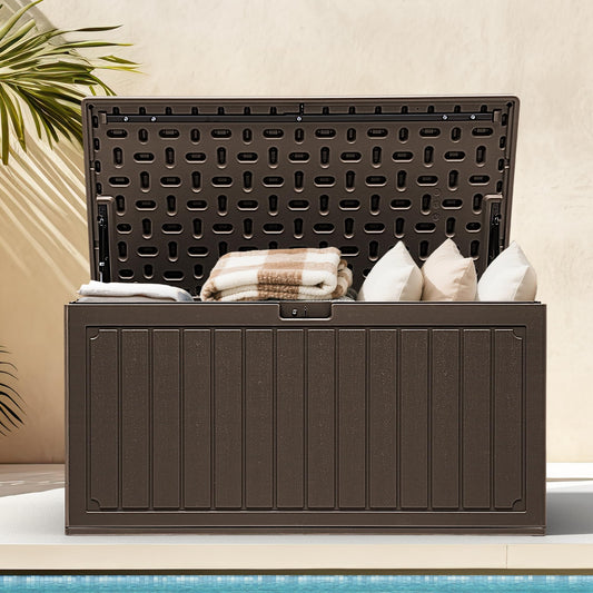 DWVO 90 Gallon Resin Outdoor Storage Box, XXL Double-Wall Waterproof Deck Box, Doubles as Table or Seating with 450 lbs Capacity, Lockable (Light Brown)