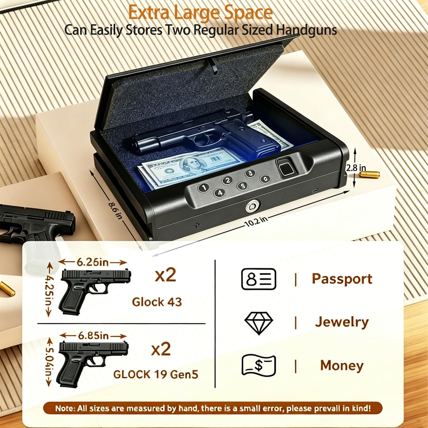 Biometric Fingerprint Handgun Safe, Small Nightstand Gun Lock Box with 3 Access Modes, 0.1s Quick Fingerprint Unlock & Voice Prompt, Heavy Steel Pistol Storage Box for Bedroom Home and Vehicle Use