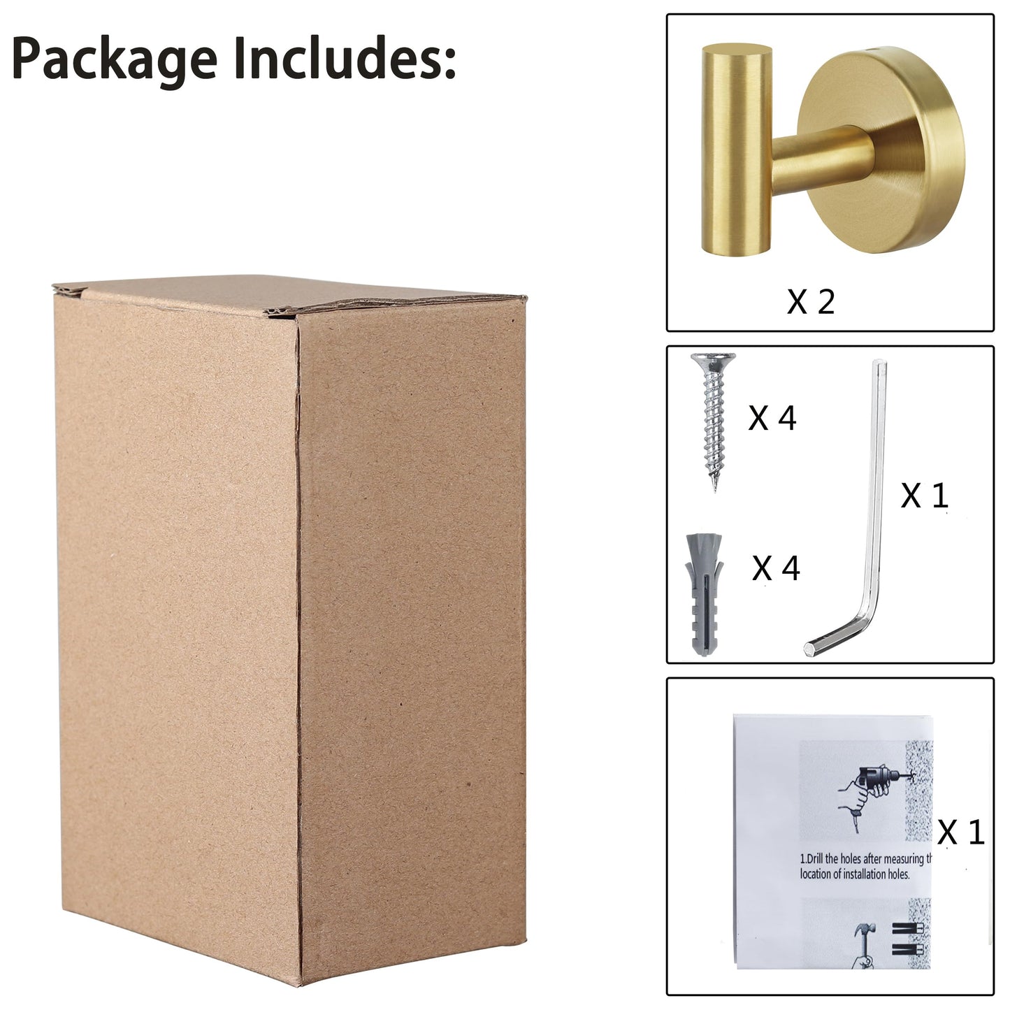 Towel Hooks for Bathroom 2 Packs Screw- in Gold Wall Mount Towel Holder Towel Rack, Heavy Duty Robe Coat Loofah Hooks for Shower, Kitchen,Hotel, Pool Tile, Brick Modern Style Decor Wall Hooks